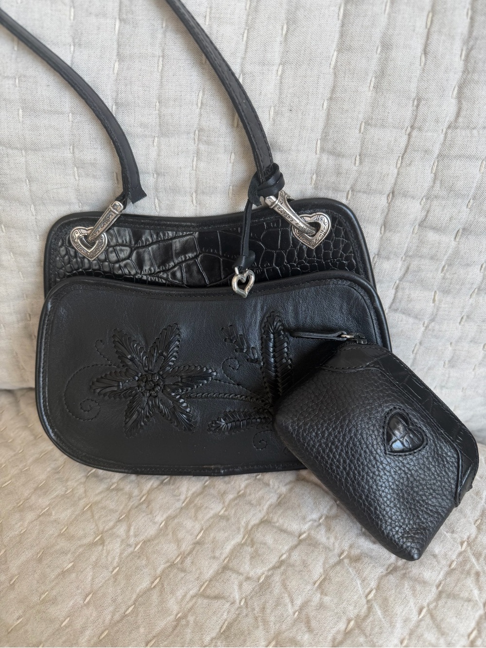 Brighton Bundle Black Leather Floral Embossed Shoulder Bag with Coin purse.